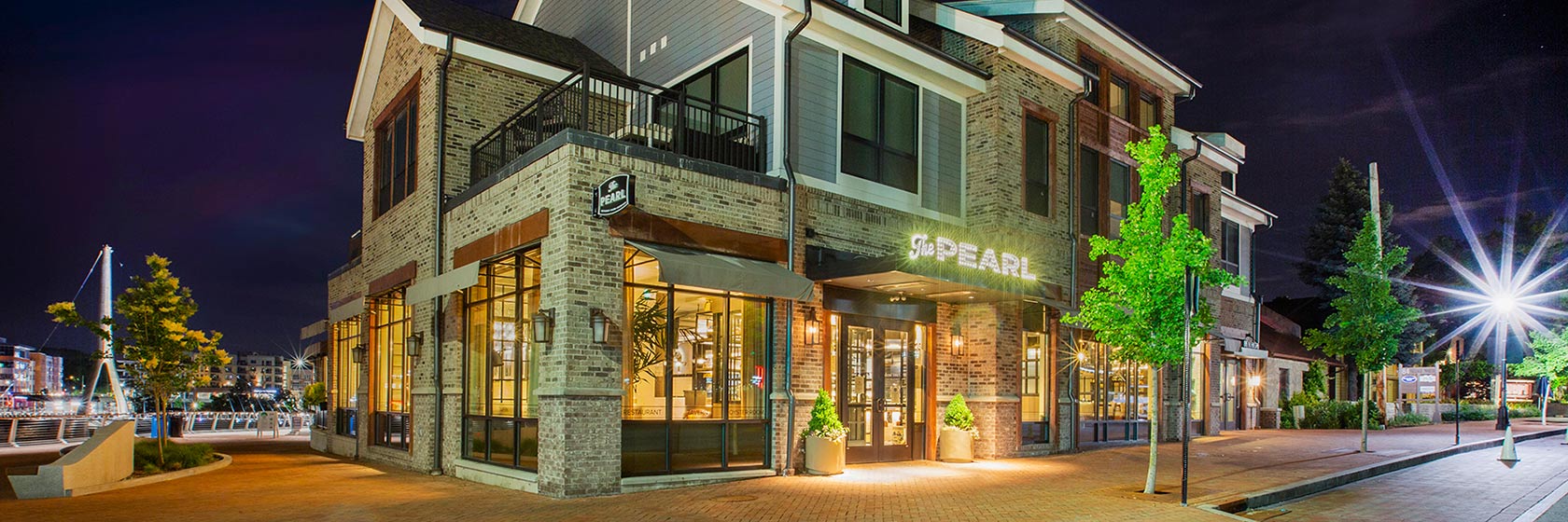 Exterior night view of The Pearl restaurant in Dublin, Ohio