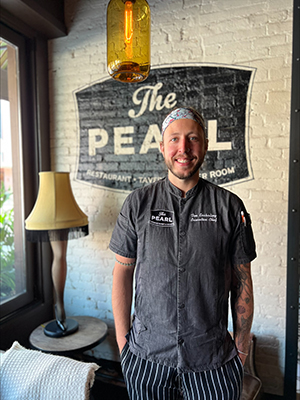 Executive Chef Tim Easterling, standing in the entry to The Pearl restaurant in Columbus Ohio's Short North Arts District.