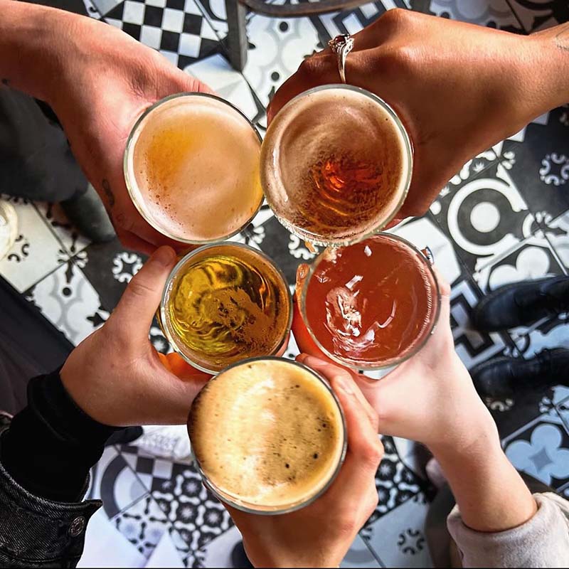 Bird's eye view of hands holding a variety of beers in a toast.